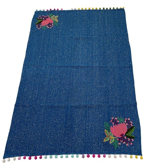Boho Floral Embroidered Throw Blanket Blue Ethereal Cottagecore Karma Living - Picture 8 of 8